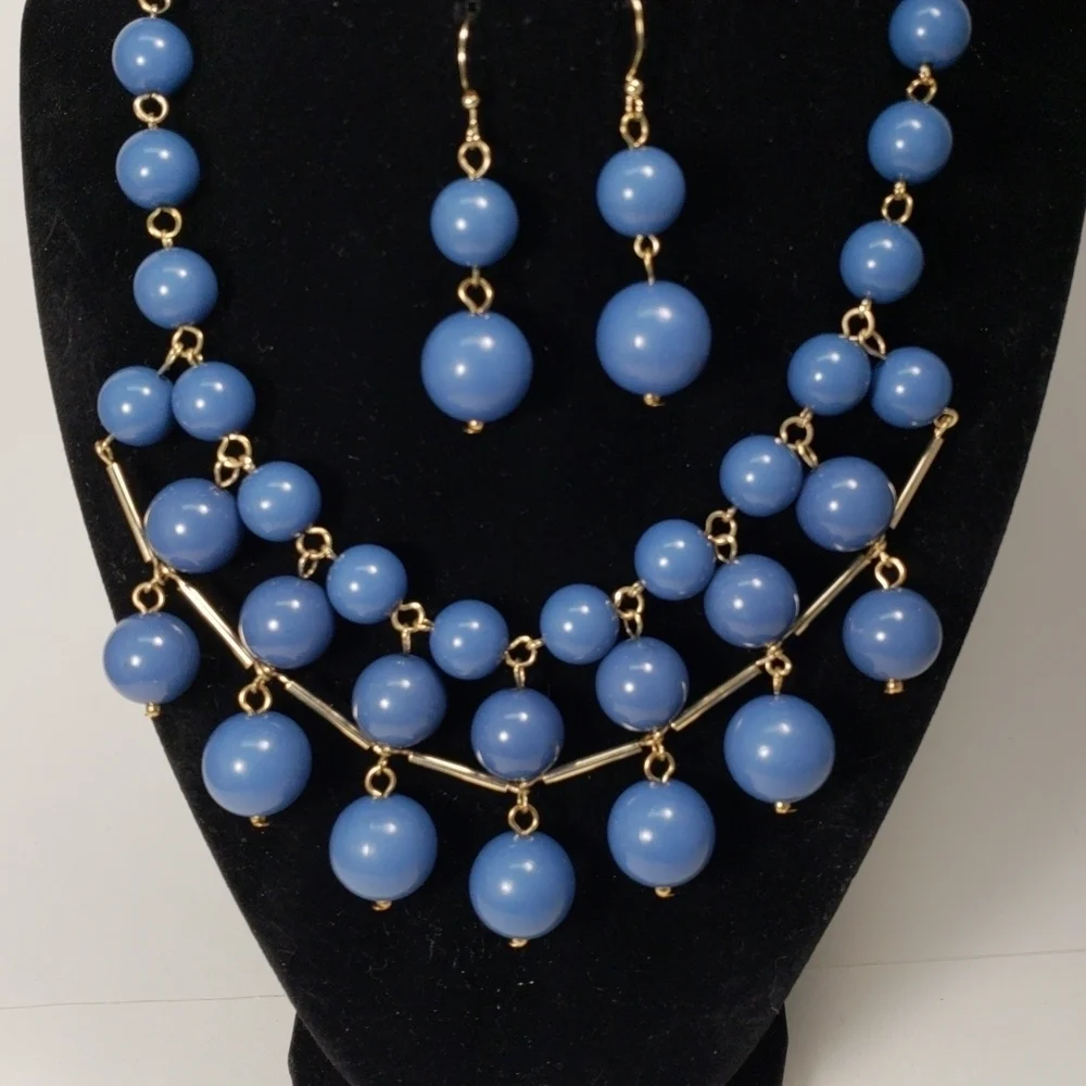 Blue Beaded Necklace & Earrings Set with Gold Links – Statement Evening Jewelry